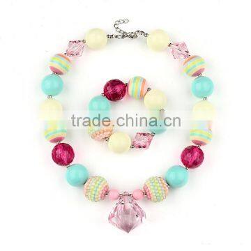 Rose Baby Girls Chunky Bead Necklace Bracelet Stretchy Flower Headband Set