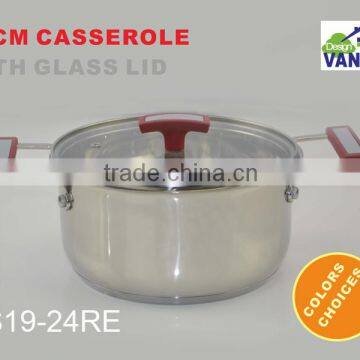 24cm Stainless Steel Hot Pot Casserole With Double Ear With Glass Lid Red Silicon Handle