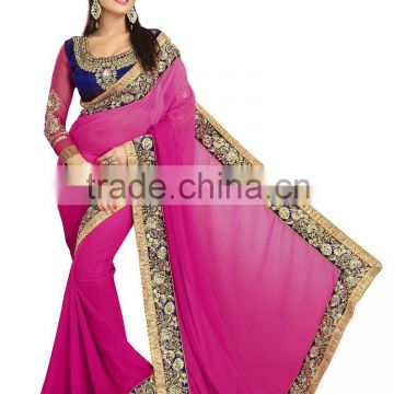 Pink Georgette embroidery saree with valvet Blouse