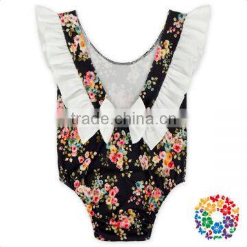 Fancy Sweet Mint Aqua Floral Dancing Leotards With Pink Ruffle and Back Bow Rompers photo-2