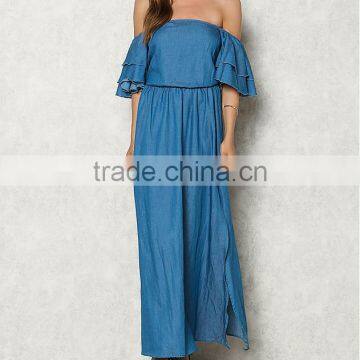 Blue Chambray Off Shoulder Bell Sleeve Maxi Denim Jeans Dress Ladies Western Dress Designs HSd5281 photo-3