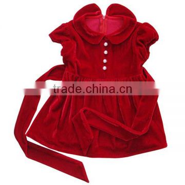 Velvet vivid red cotton baby girl party dress baby clothes with waist belt from China