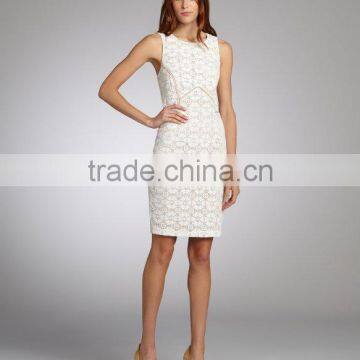 Ivory And Nude Lace Cotton Blend Sleeveless Dress,designer clothing manufacturer in China