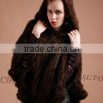 CX-B-M-06 Latest Womens Genuine Real Knitted Mink Fur Shawl Hoodied photo-2