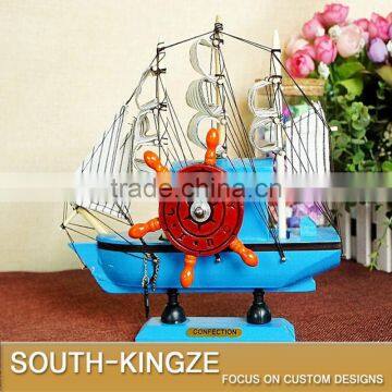 Navy Marine Blue/Yellow Color Wood Sailing Boat Display Model photo-2