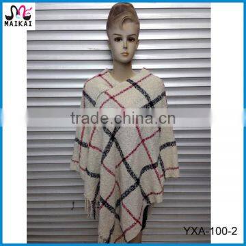 Hot selling adult women's check style knit acrylic poncho