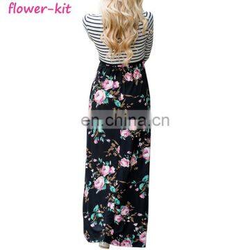 Striped Navy Blue Floral Skirt Maxi Dress with Tie Waist