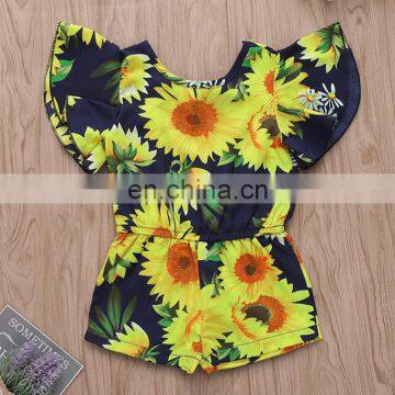 2019 1-5years Summer Fly Sleeved Sunflower Print Bodysuit Baby Girls Rompers Kids Floral Clothing Set photo-2