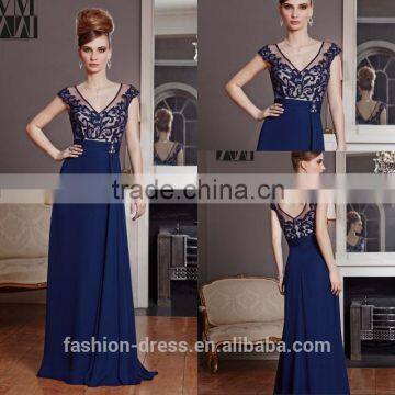 Beautiful Low V Back Cap Sleeve Embroidery Navy Blue Evening Dress