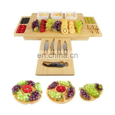 Bamboo Cheese Board Wooden Three Ceramic Bowls Three Magnet Drawers Serving Platter Cutlery Server Knife Set photo-2