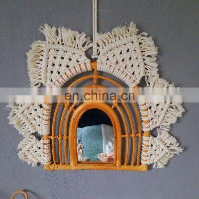 Rattan wall mirror with macrame Mirror for Wall Kid room decor Handmade Decorative Wicker Vietnam Manufacturer