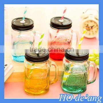 HOGIFT Wholesale 16oz mason jar with handle straw and metal lid /Clear Mason Jar Beverage Cups