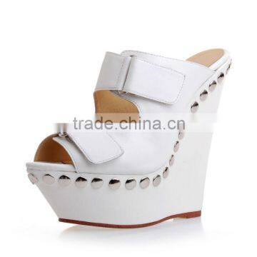 Summer Style Wedge High Heel White Sheepskin and Pigskin Women Sandals Shoes