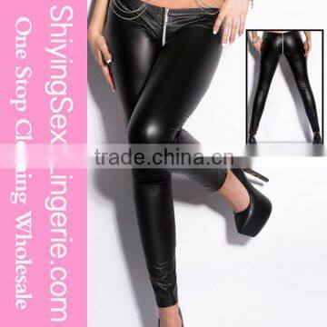 Super sexy hot sale cheap black wet look zippered leather leggings for fashion women