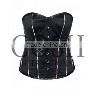 Overbust Steel Boned Black Satin Corset With Rhinestones Ci-1160