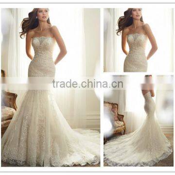 Manufacture wholesale 2016 Elegant strapless crystals beaded mermaid wedding dress DM-040 bridal lace wedding gown