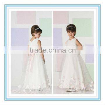 Sleeveless Tulle Taffeta Organza V-Neck Sash Ivory Floor-Length Flower Girl Dress(FLMO-3059)