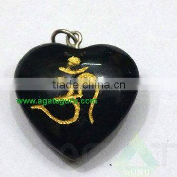 Black Agate Om Heart Pendent : Wholesale Gemstone