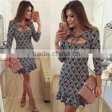 2016 New Arrival Long Sleeve Fashion Print Ruffle Mini Dresses Sext Tight Fit Mini Dresses DME-MD08