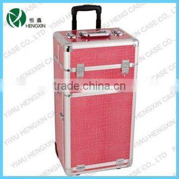 Pink crocodile textured printing professional rolling makeup case with drawers