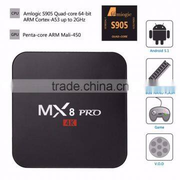 High Quality MX8 Pro With 4K Bluetooth Amlogic S905 Google 5.1 Quad Core tv Box Kodi Mx8 Pro Ott tv Box