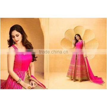 Striking Magenta Raw Silk Lehenga Style Suit/Buy Online Designer Anarkali Suits