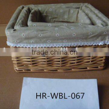 3 set natural color rectangular wicker basket with grey cotton liner