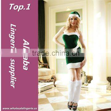 New style Polyester fashionable backless green christmas costume christmas party dress with hat