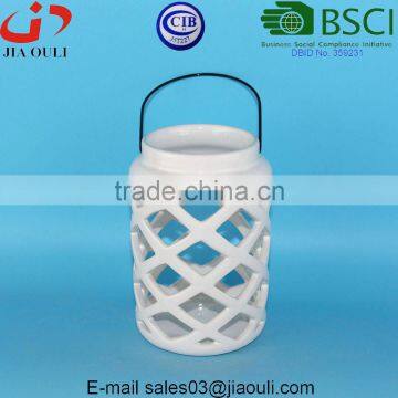 White Ceramic Hurricane Candleholder, Candle Holders Lantern With Handle photo-2