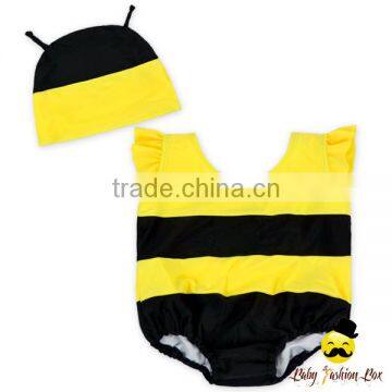 Kids Cute Unisex Remake Props Bee Cosplay Yellow And Black Flutter Sleeve One Piece Beach Clothes With Cap 2pcs Swimwear photo-6