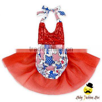 4th Of July Halter Backless Red Sequined Shine TuTu Puffy Prom Dress Type Toddler Girl Birthday Romper photo-2