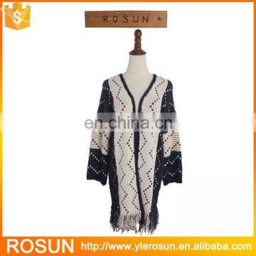 Special Jacquard Stripe Pattern Knit Kimono Cardigan for Women With Tassel