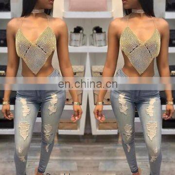 2017 New Arrived Women Top Metal Diamond Gold Silver Hand Patch Work Sexy Top Wholesale Retail 1pcs Dropshipping photo-2
