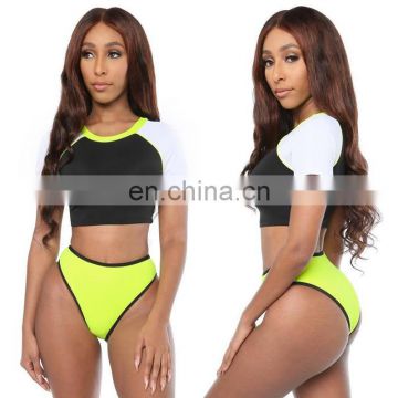 Sexy Short Sleeve Push Up Bikini Set Patchwork Bikinis Women Swimwear Triangle Biquini Thong Bathing Suit Beachwear Swimsuit