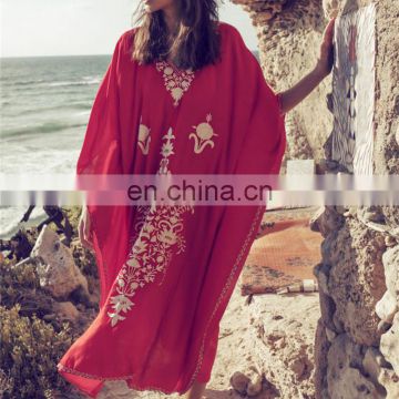 2019 Red Bohemian Floral Embroidered Loose Summer Beach Dress Moroccan Caftan Plus Size Women Street Wear Midi Dress Sarong