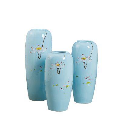 Hand Paint Countryside Style Lotus Flower Large Blue Ceramic Vase Decoration For Wedding Gift photo-5