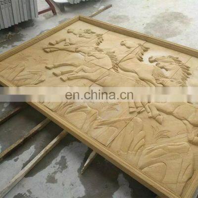 Natural Yellow Horse Sandstone Relief Handmade Sculpture photo-5