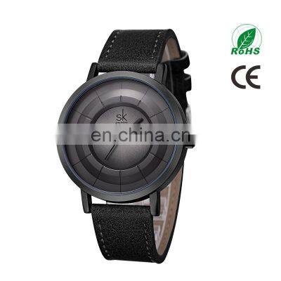 SHENGKE SK Men Watch Leather Band Matte Black Watches Custom Logo Brand Your Name  K9015G Alloy Watches