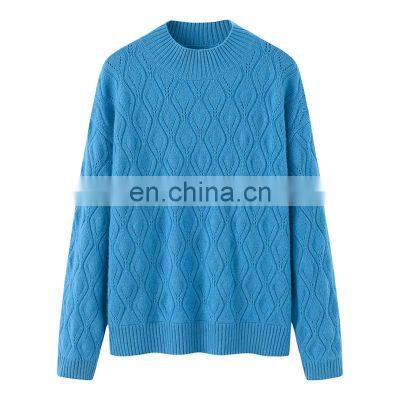 Vintage Winter Women's Crew Neck Pure Cashmere Sweater Rhombus Knitted Pattern With Jacquard Technique OEM Service Available