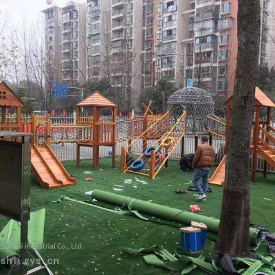 non - standard large - scale wooden combination multi - functional climbing slide, rocking horse, swing and seesaw
