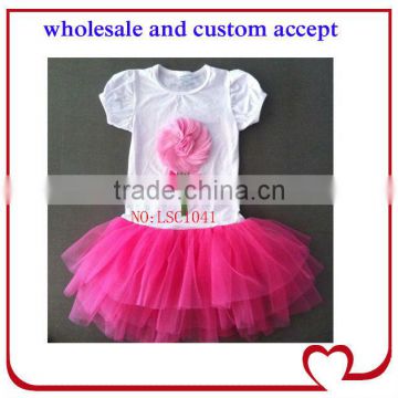 wholesale sweet girls white tutu dress,applique flower summer dresses kids, puff sleeves hot pink tutus skirts long dress child