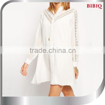 Women Long-sleeve Long Casual Shirt Blouse Dress Tops White Loose Cstom T-shirt With Lace 2015