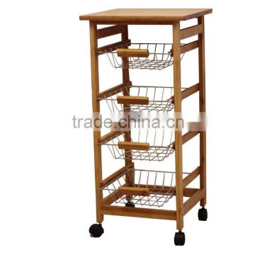 4Tier Kitchen food cart Bamboo Kitchen trolley with Baskets with Baskets