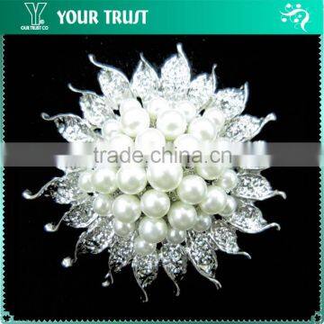 6MM Pearl Silver Metal Rhodium Sun Flower Pin Rhinestone Brooches