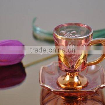 Fashionable glass tea cups and saucers set with diffenerent designs