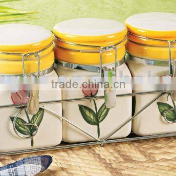 ceramic spice jar with stand and clip handpainted design