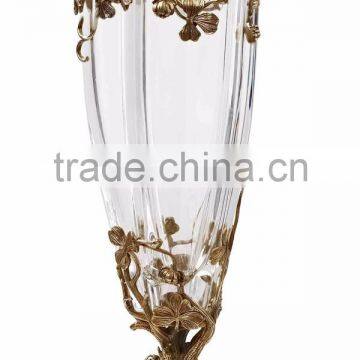 Unique Design Casting Bronze Flowers & Leaves Inlay Crystal Flowr Vase, Decorative Clear Crystal Vase With Brass Base photo-2
