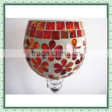 Red Flower Pattern Stained Handmade Tall Goblet Glass Mosaic Candle Holder