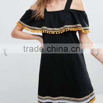 Best Quality Breathable cotton jersey Black dress Square neck Embroidery Pom Poms Cold Shoulder Sun dress