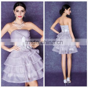 latest short knee length organza night purple evening dress